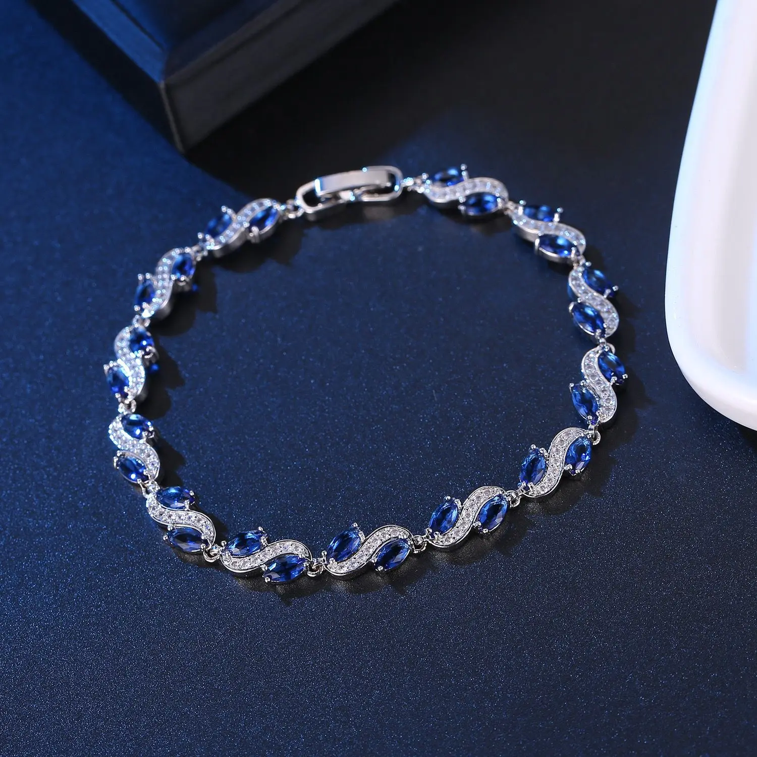 MxGxFam ( 17.5 cm x 7 mm ) Elegant Royal Blue Full Zircon Bracelets For Women White Gold Color High Quality