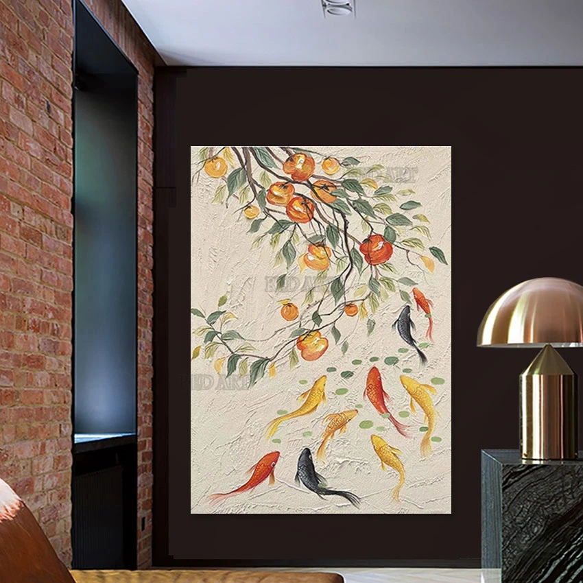 

Modern Famous Oil Painting Hotel Decorative Item Large Chinese Style Golden Fishes Picture Flowers Knife Wall Art Luxury Murals