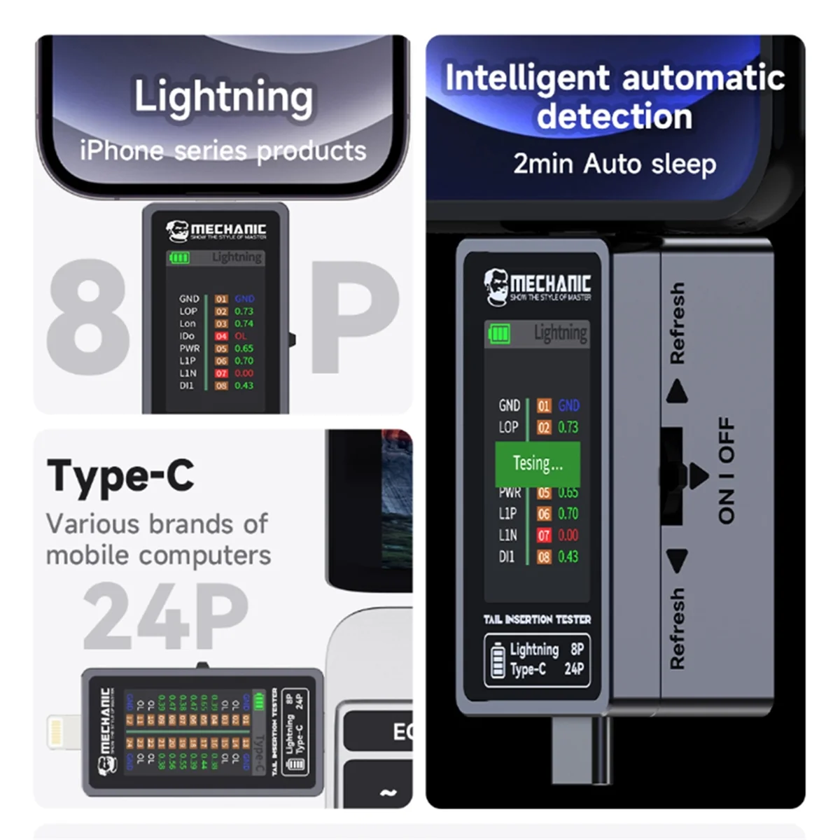 정비공 T-824 분해 불필요 휴대폰 테일 삽입 감지기, 디지털 디스플레이, 전류 전원 체크 핀