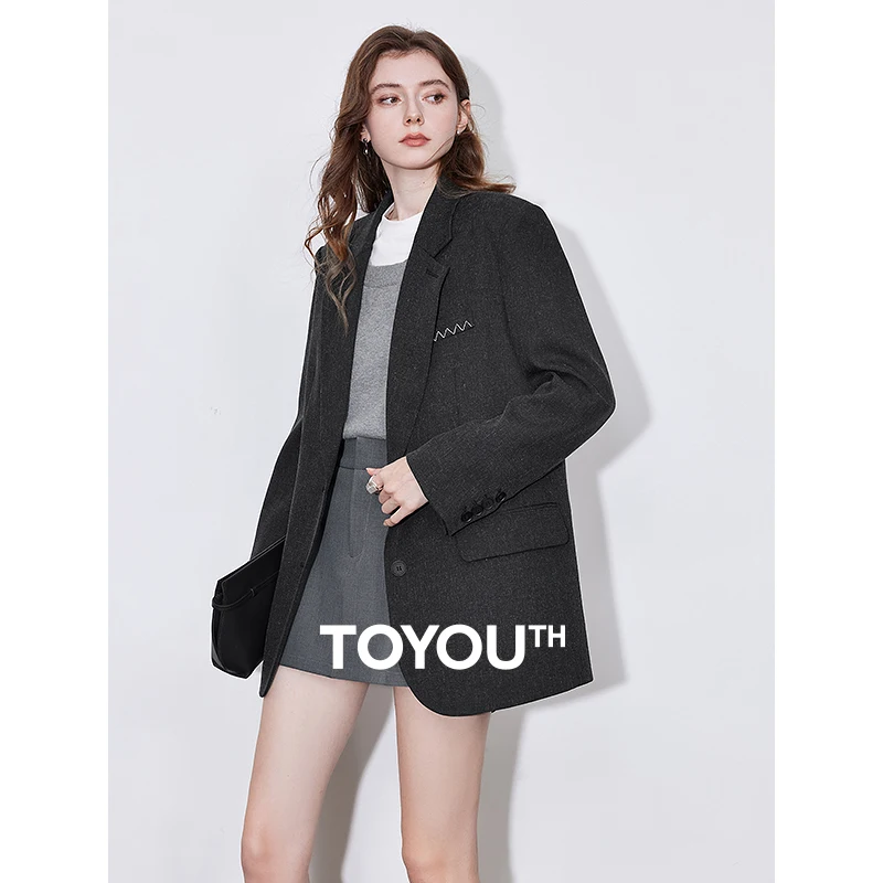 TOYOUTH Women Blazer Jacket 2025 Spring New Old Money Style Notched Collar Back Split OL Style Working Suit Gray