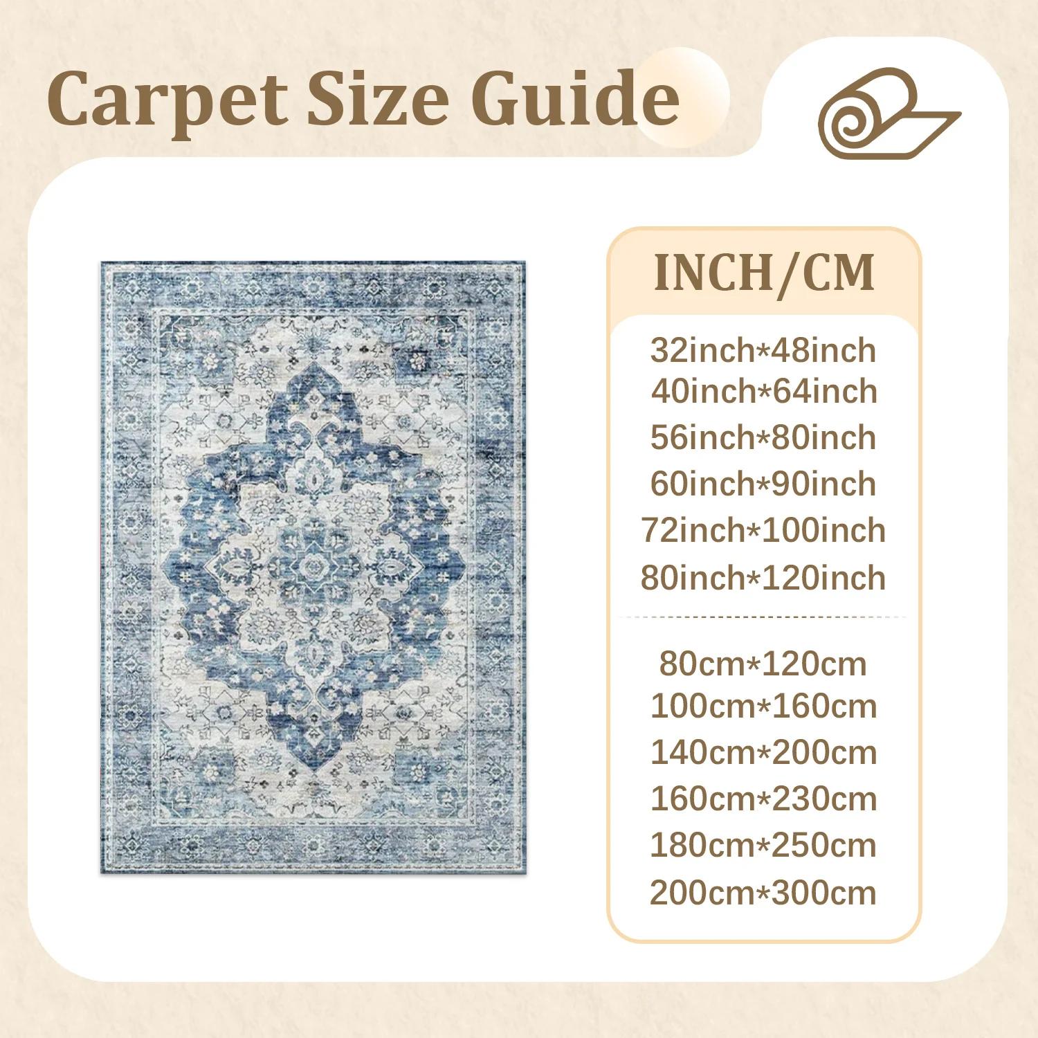 Large Indoor Area Rug, Soft Velvet Low Pile with Non-Slip Dotted Backing, Machine Washable Vintage Blue Medallion Distressed Rug for Living Room, Bedroom Home Decor