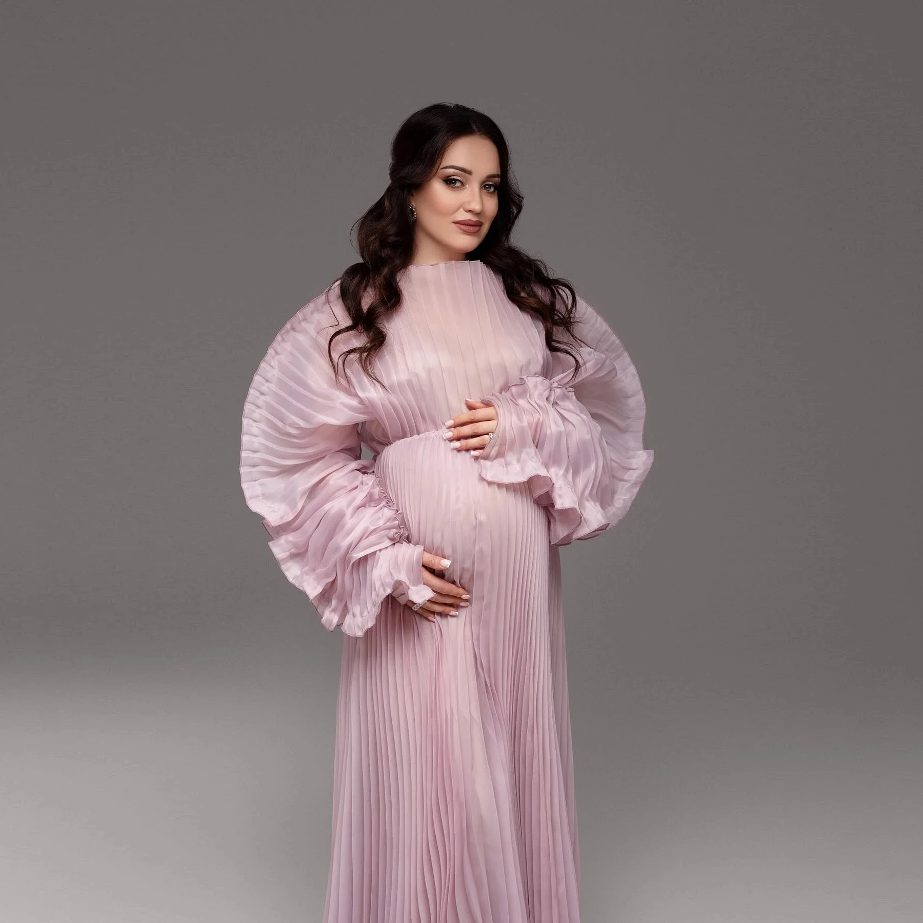 Elegante Schwangerschaft kleider rosa Tüll Baby party langes transparentes Umstands kleid Plissee Tüll lange geschwollene Ärmel Umstands kleid