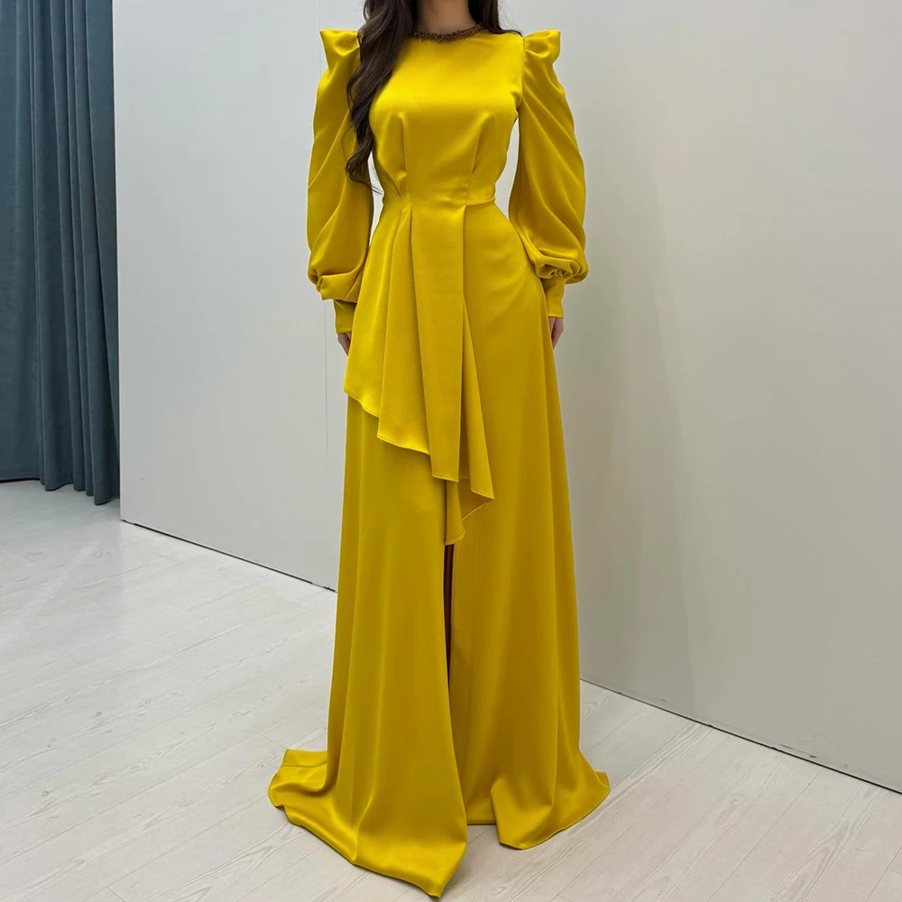 ชุดราตรีทรงเอไลน์แบบสั่งตัด ความยาวกรอมพื้น คอทรงโอ แขนยาว ชุดออกงานแฟชั่น ประดับเลื่อม จับจีบเรียบง่าย ผ้าเดรป ชุดงานเลี้ยง