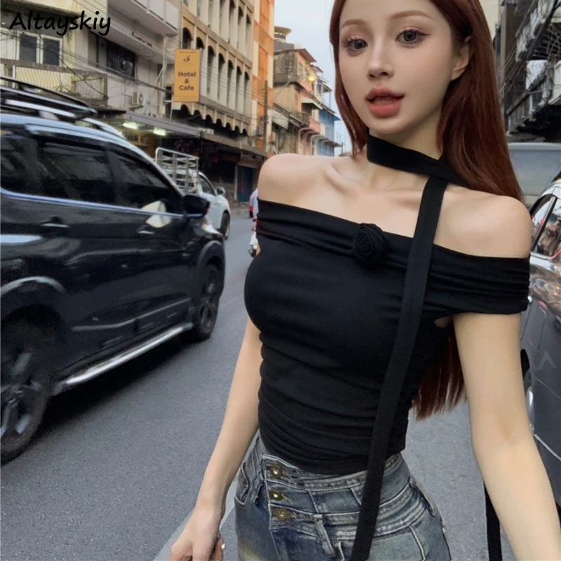 Skinny T-Shirts Women Summer Slash Neck Streetwear Sexy Hot Girls Off-shoulder 3D Flowers Popular Tops Vintage Attractive 2024