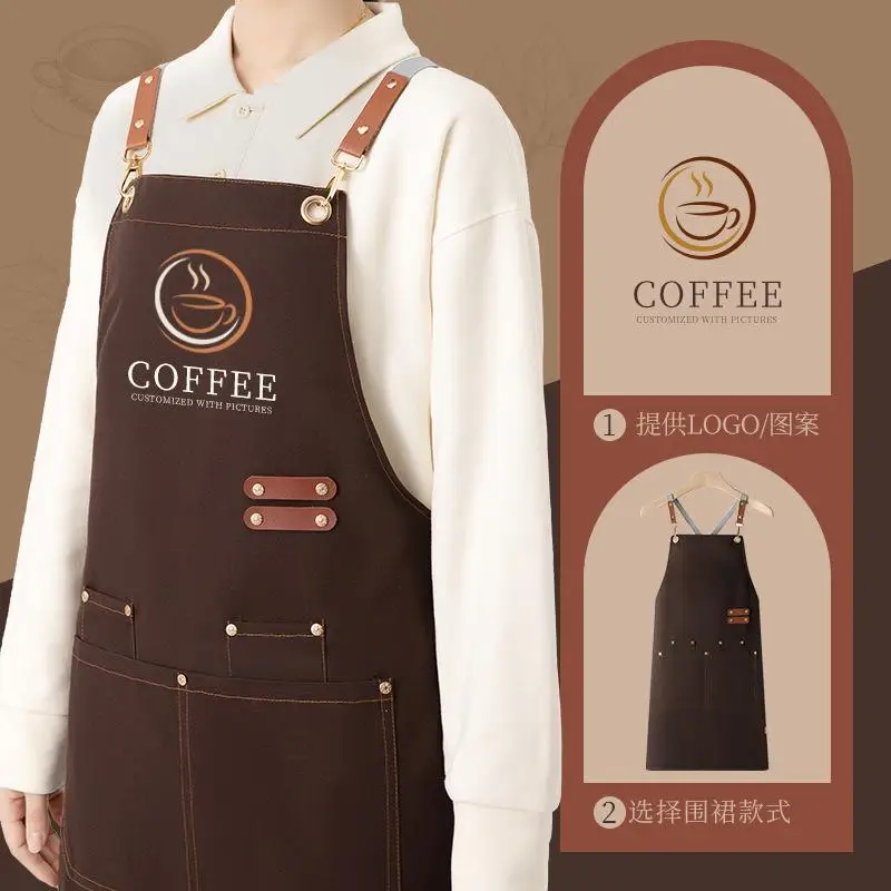 Waterproof Canvas Apron Custom Logo Printing Catering Specialty Barista Milk Tea Shop Nail Art Kitchen Work Clothes Women view 4