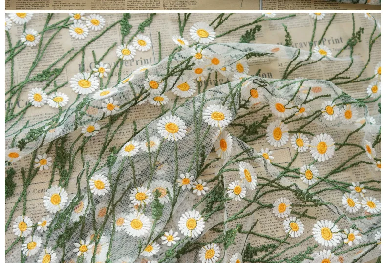 Spring/Summer Daisy Women\'s Dress Embroidered Mesh Fabric Fresh Dress Fabric Designer Sewing Accessories By The Meter