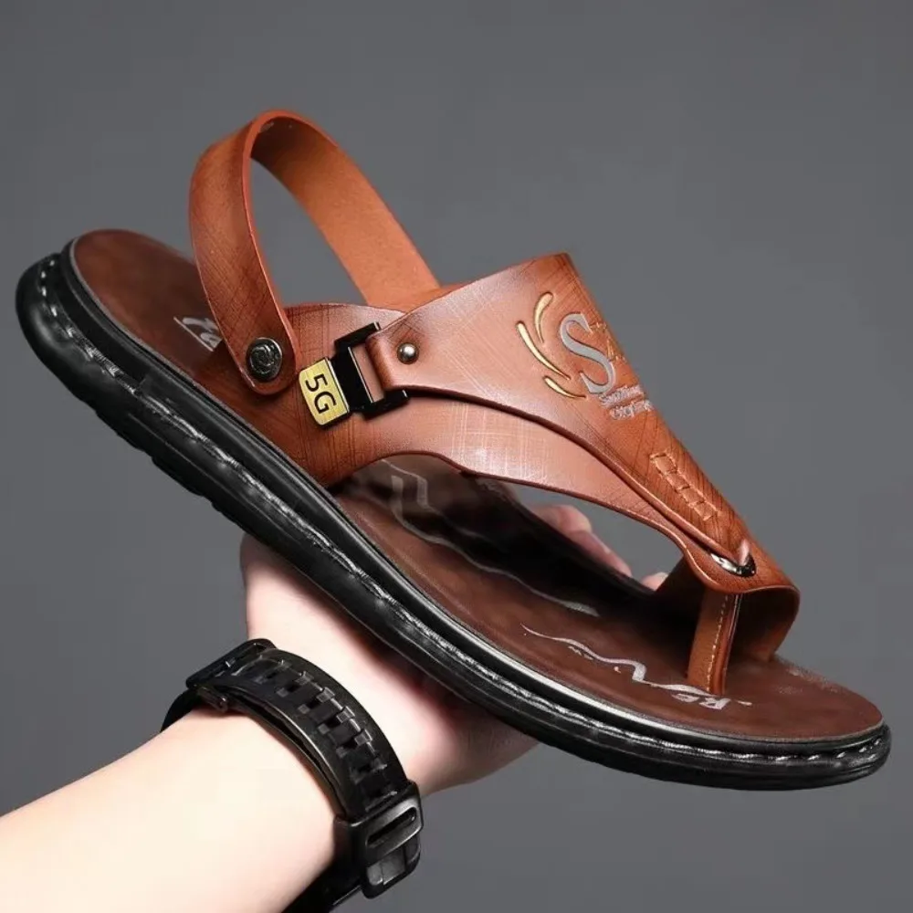 

Soft Latex Insoles Thick Soled Slippers Anti Odor PU Leather Slides Sandals Men Anti Slip Beachwear Ankle Buckles Slippers Male