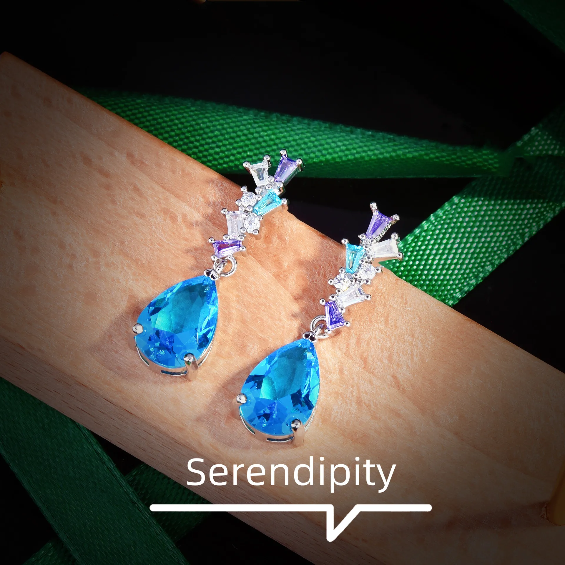 Foydjew Temperament Elegant Simulated Aquamarine Santa Maria Topaz Blue Gemstone Earrings Long Dangle Earring For Women