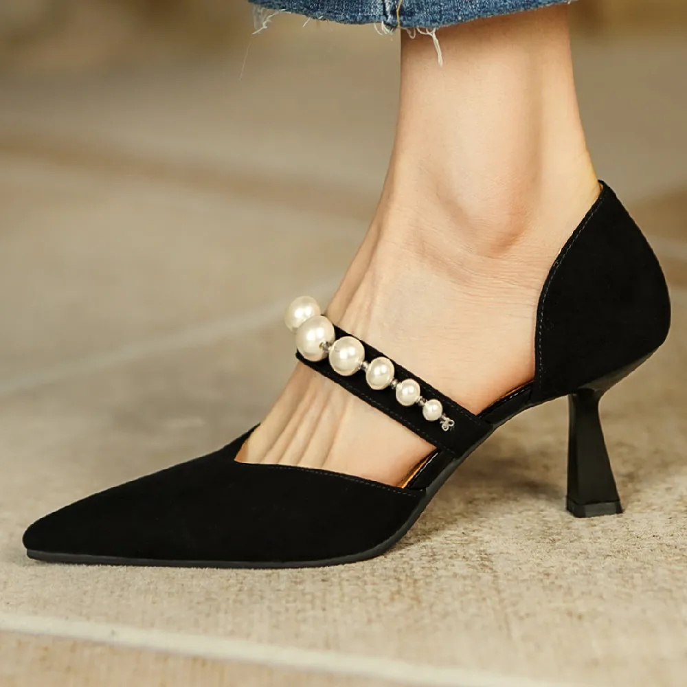 

Women's natural suede leather thin high heel pointed toe slip-on pumps beading band elegant ladies eveing mary jane single shoes