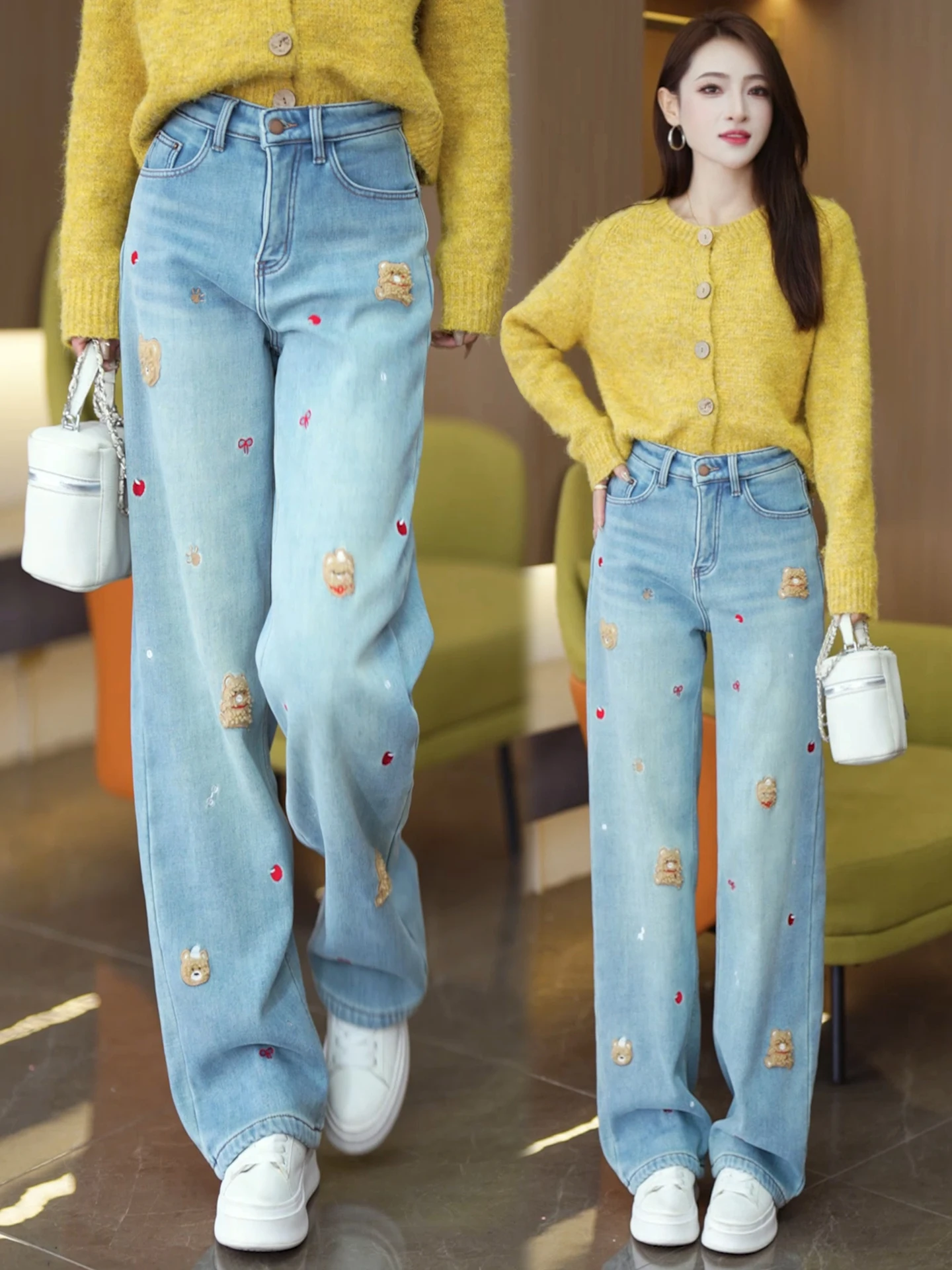 

Deep Blue Fleece Lined Wide Leg Embroidered Denim Jeans Women's Autumn Winter New Style High Waist Slim Straight Cut Trousers