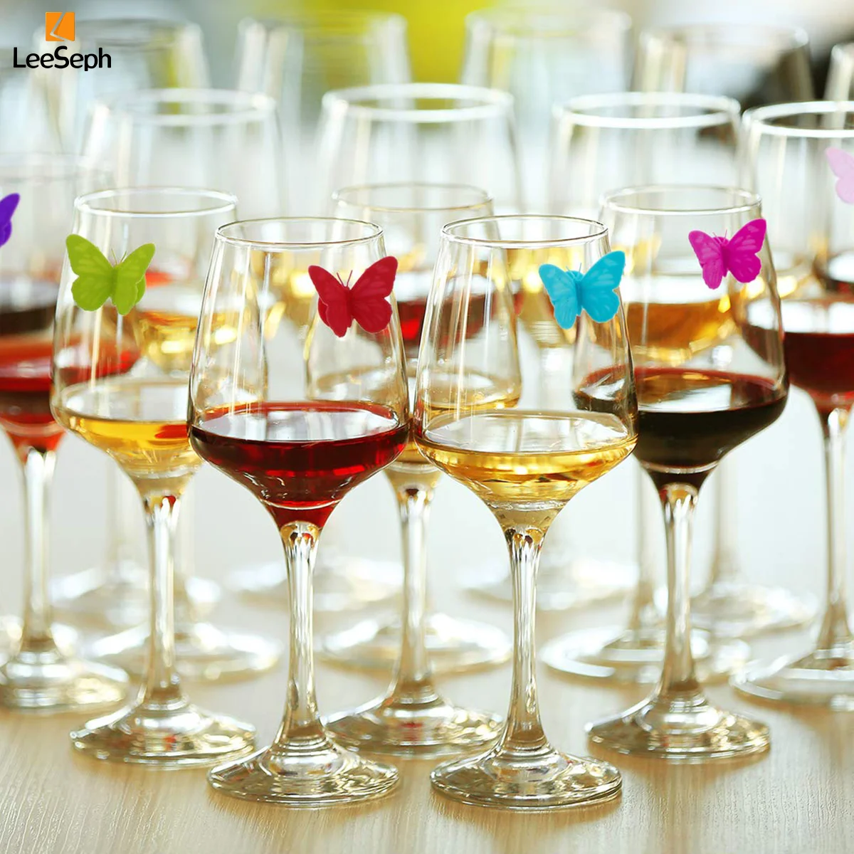 Leeseph Silicone Wine Glass Markers Set, Wine Glass Identifier with Suction Cup, for Wedding Festival Party Dinner, Color Random