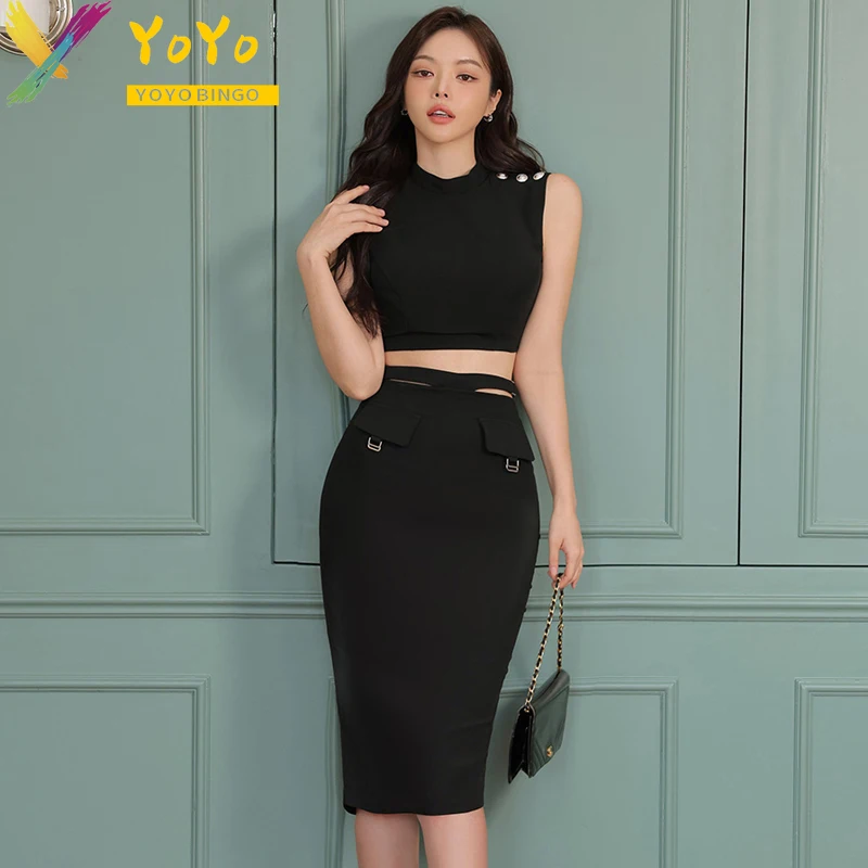 Elegant Formal Suits Black High-neck Sleeveless Short Top+High Waist Split Skirt 2024 Summer Slim Fit Office Lady 2 Pieces Set