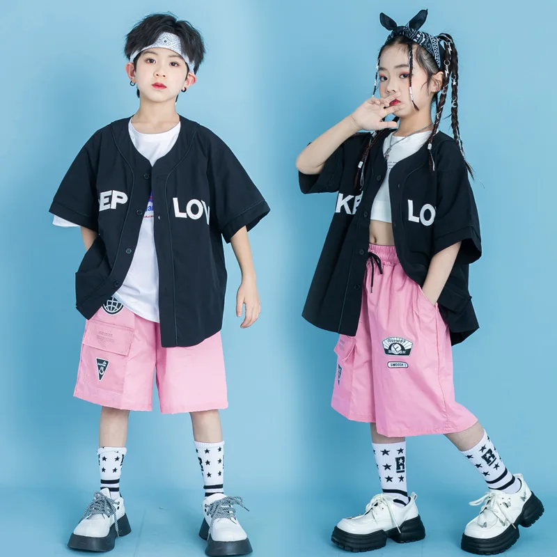 Kinderen Hip Hop Kostuum Kids Roze Pak Toevallige Korte Mouwen Straat Dansen Shirt Shorts Meisjes Jongens Jazz Prestaties Kleding