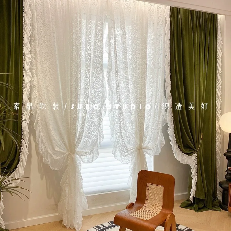 

Australian Velvet Curtains for Living Room Bedroom Dining Room Light Luxury Olive Green White Romantic Lace Curtains Window