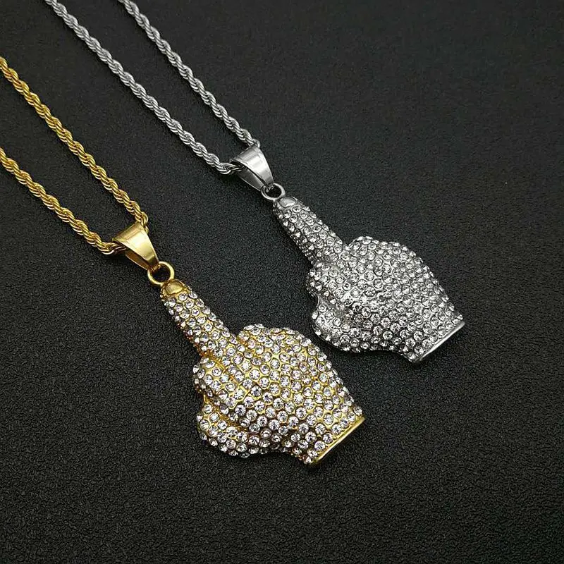 Ice Out Zircon Polite Gesture Middle Finger Necklace Pendant Men's Punk Hip Hop Rap Rock Party Jewelry Gift