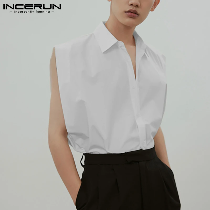 INCERUN 2024 Men Shirt Lapel Sleeveless Button Solid Color Loose Camisas Streetwear Breathable Fashion Casual Men Vests S-5XL