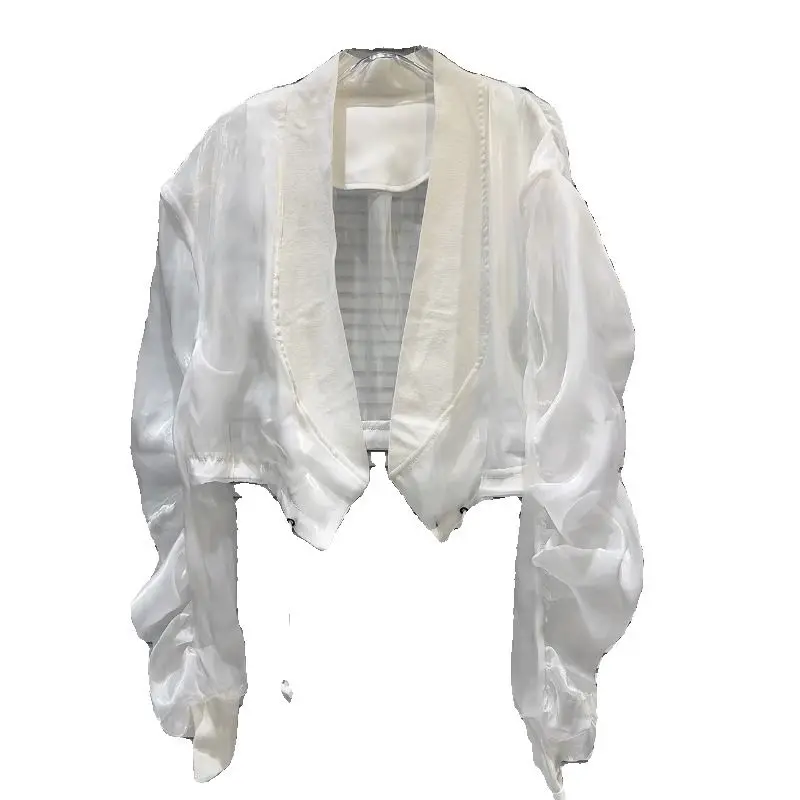 

2025 Summer New Short Drawstring White Mesh Sunscreen Short Coat Women's Cardigan Casual Top