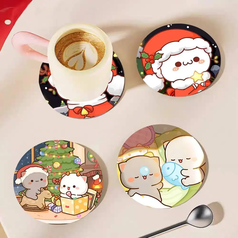 Couple Cat Peach And Goma Christmas Round Wooden Coasters Suitable For Restaurants And Coffee Home Gift Choice Holidays