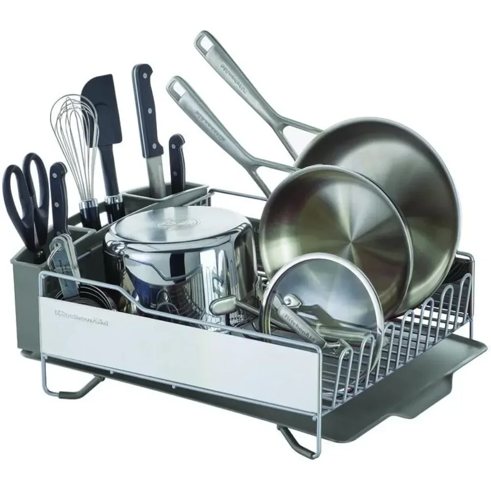 

t Large Capacity,Full Size, Rust Resistan Dish Rack with Self Draining Angled Drain Board and Removable Flatware , Gray