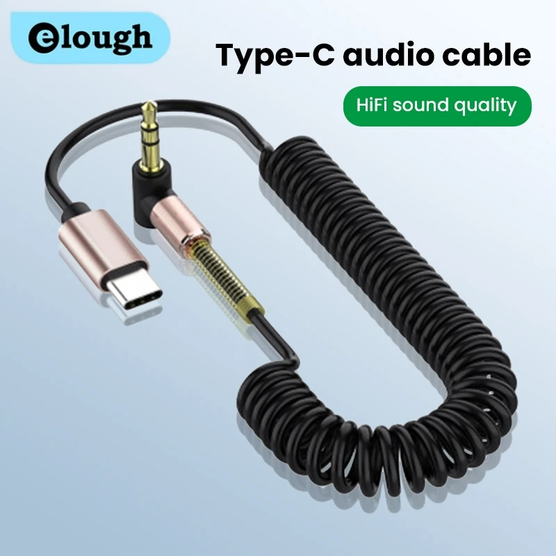 Elough USB C to 3.5mm Elbow Spring Retractable Audio Cable Male to Male Aux Speaker Cable Retractable Cable Car Cable