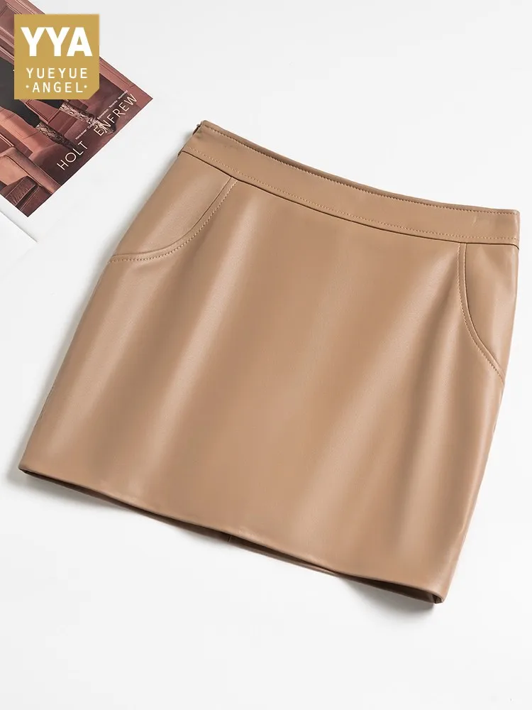 

New Elegant Fashion Office Ladies Real Sheepskin Short Wrap Skirt Slim Fit High Waist Autumn Winter Above Knee Mini Skirts 4XL