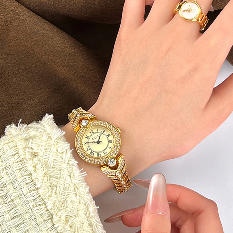GEDI Women's Watches Light luxury Antique Diamond Inlay Quartz WatchAdvanced Exquisite Gold Ladies' Clock