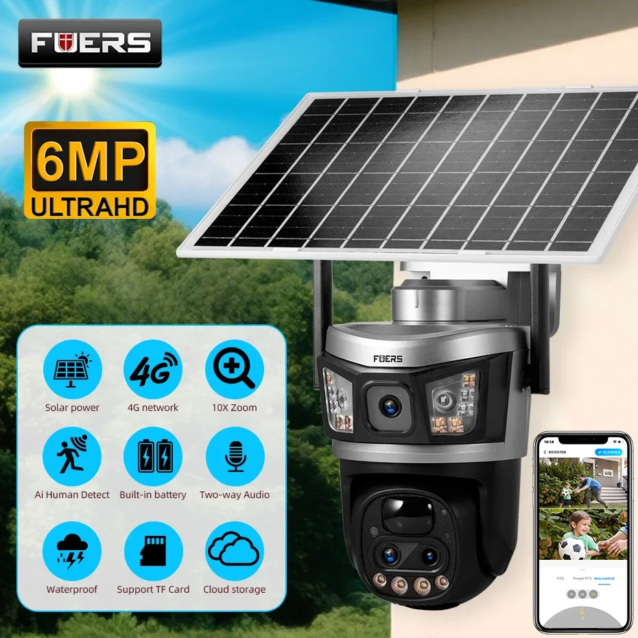 FUERS 6MP 10X 4G Solar Camera Dual Lens  Outdoor Camera  IP Camera Human Detection With Solar Panel Battery Safety Camera  V380
