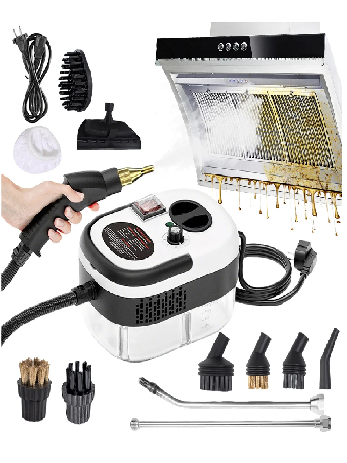 Handstoomreiniger, 2500W 3BAR 100 ° Snelle verwarming, 1600 ml grote watertank, 3 verstelbare stoomniveaus voor badkamer, tegelvoegen, vloer, auto-interieur