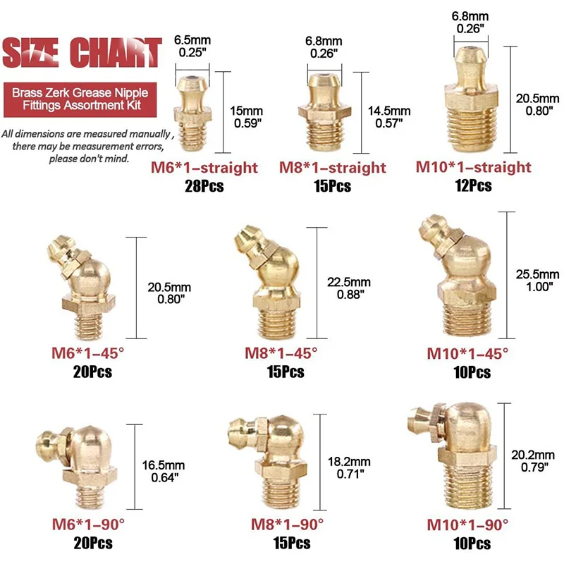 

GIGI 145-комплект метрических стандартных латунных гидравлических смазочных фитингов - прямой, 90 градусов, 45 градусов под углом Zerk