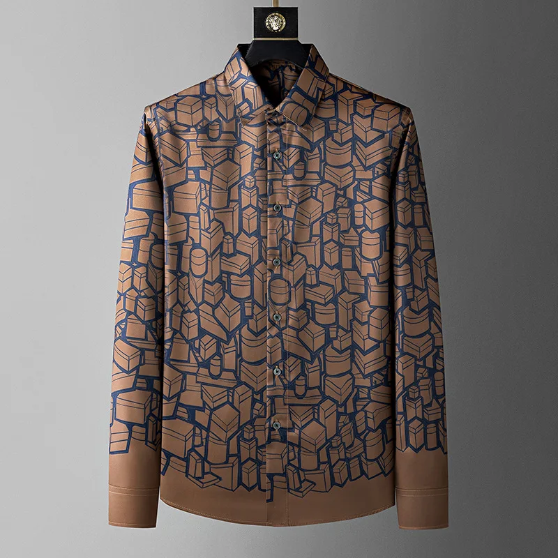High End Silk Geometric Printed Men\'s Shirt Non Ironing Long Sleeved Casual Business Dress Shirt Social Banquet Streetwear Tops