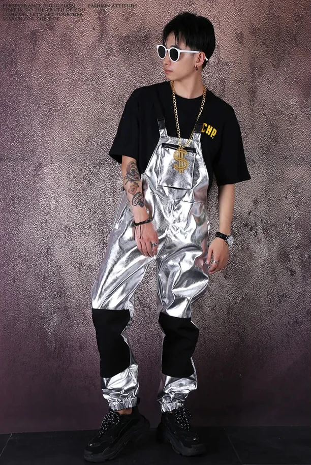 Fashion GOGO Dance DJ Costume Adult Male Hip Hop Dance Costume Silver Overall Men Hip Hop Pant Nightclub American Clothing