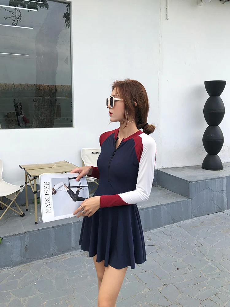 

Женский модный спортивный купальник-комбинезон с длинным рукавом для термальных источников, консервативный стиль, для студенток