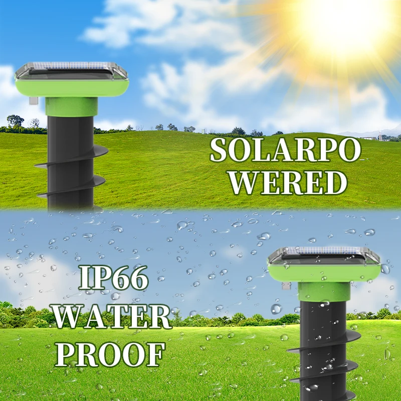 Solarbetriebener Ultraschall-Mäusevertreiber für den Außenbereich IP66, vertreibt Maulwürfe und Schlangen aus dem Erdreich. – Detail 3