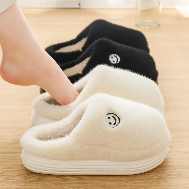 

Black White Thick Soles Couple Indoor Home Cotton Slippers Furry Women's Winter Warm fluffy flats Shoes Ladies House Shoes ﻿