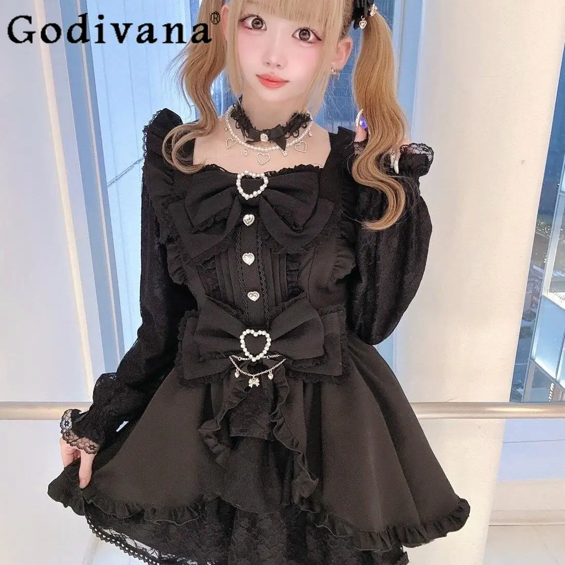 

2026 New Japanese Original Lolita Cute Sweet Long Sleeve Dress Set Bow Lace Trim Cute Doll Feel Two-Piece Set