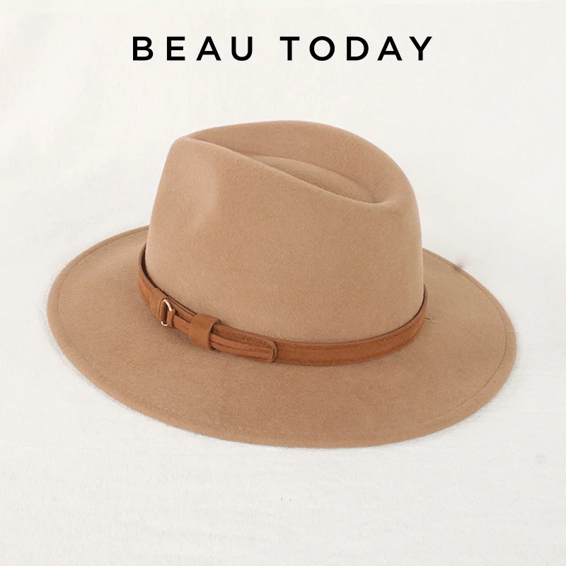 

BEAUTODAY Panama Hat Women Sheep Wool Solid Color Sun Protect Belt Elegant French Style 2024 Ladies Accessories Handmade H61