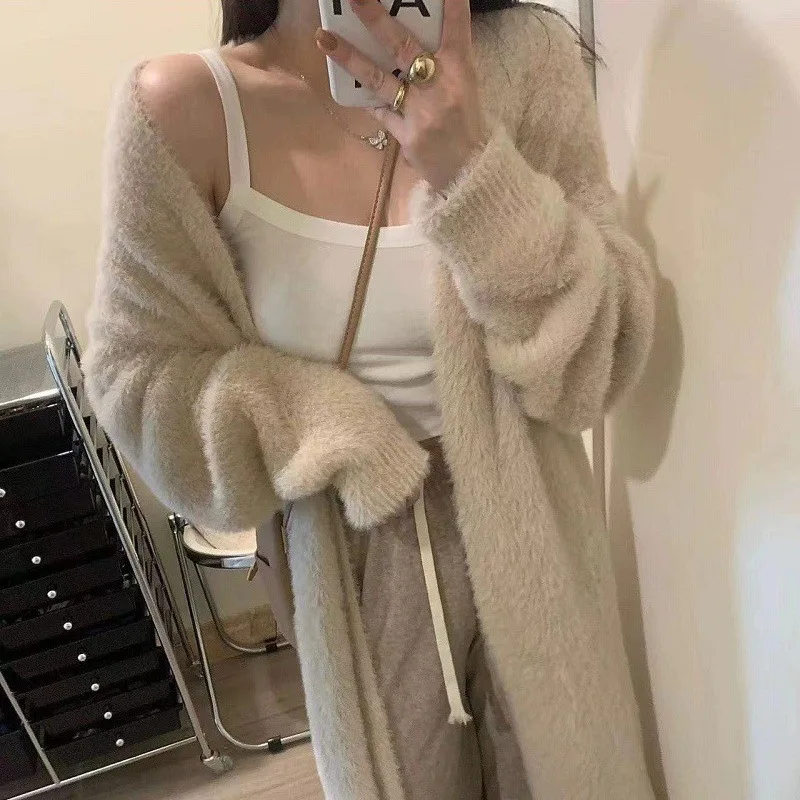 Y2k Autumn Knit Long Cardigan Sweaters Women Korean Elegant Baggy soft V Neck Hairy Tops Fashion Solid All Match Jackets