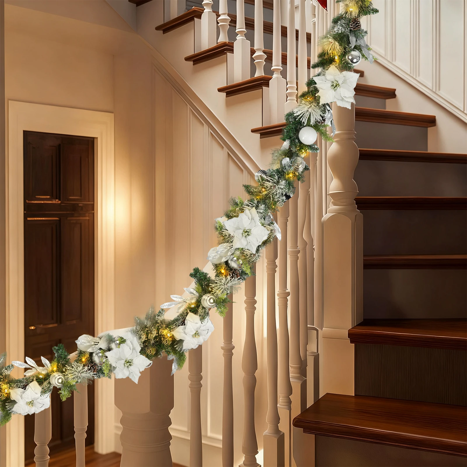 Lighted Christmas Garland for Mantle, Fireplace, Stairs, Garland for Front Door Pre-lit 9 Feet Winter White Silver Poinsettia Garland with 100 LED Lights, Timer Operated In/Out Door Decor - view 5
