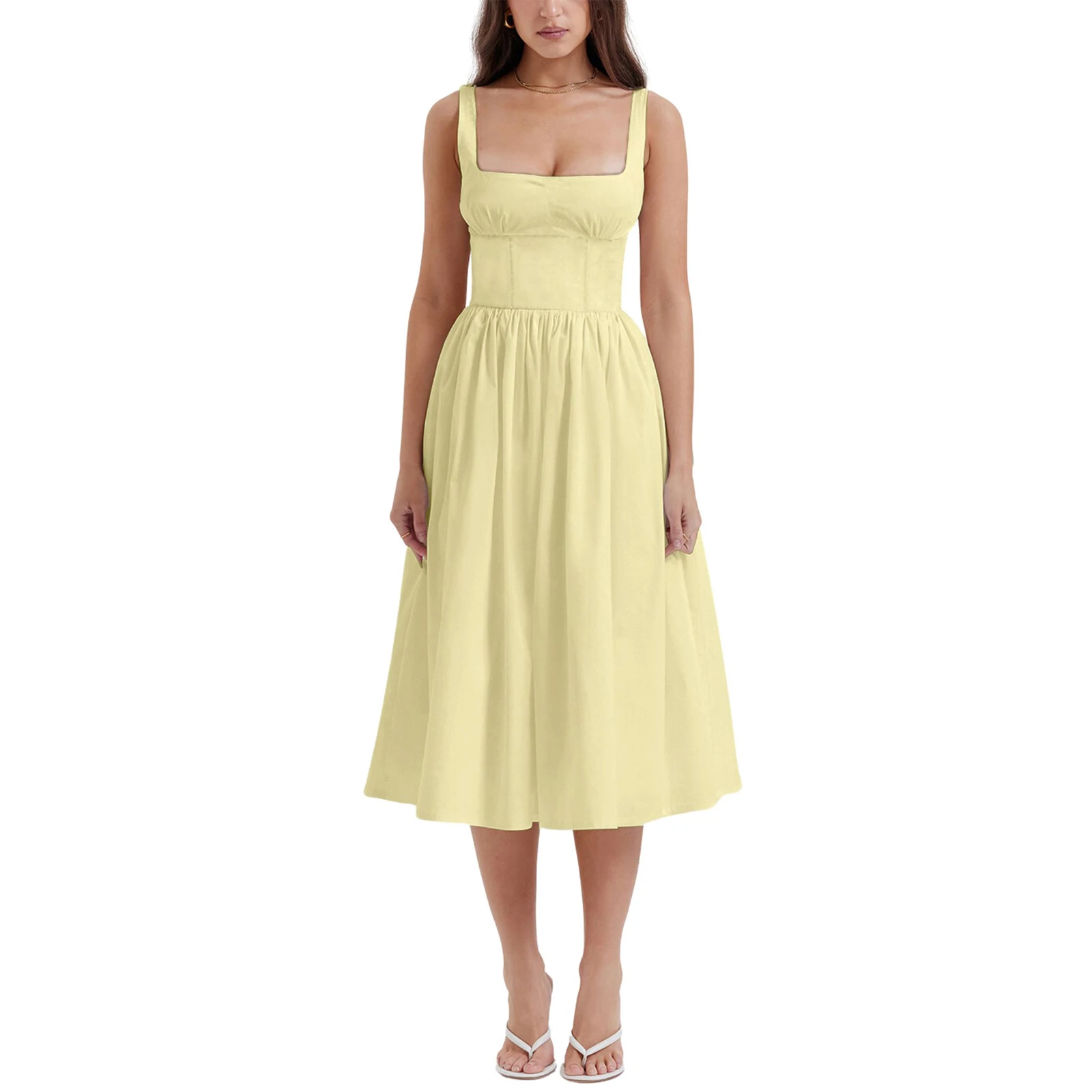 Robe caraco mi-longue pour femme, bretelles spaghetti en fibre, dos nu, couleur unie, taille haute, robe de soirée, été