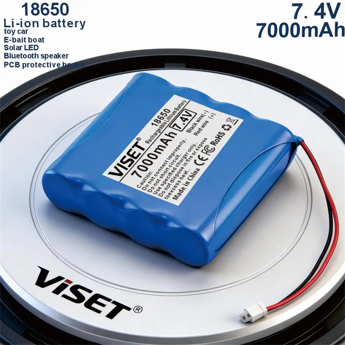 

Аккумулятор литий-ионный перезаряжаемый VISET New 7.4V 18650 14000mAh с проводами и платой защиты (PCB) для Bluetooth-колонок, радиоуправляемых машинок, прикормочных корабликов.
