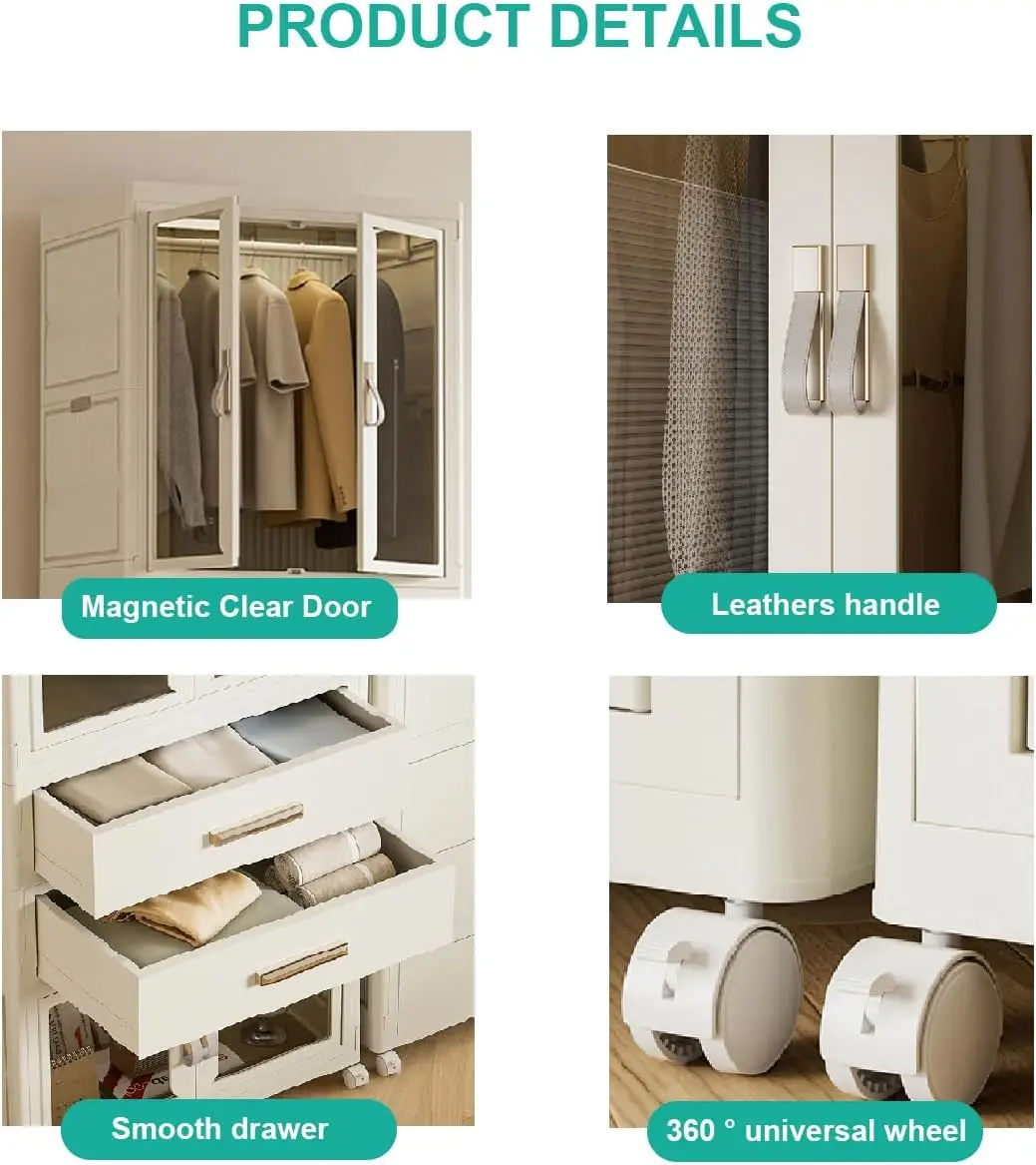 , Plastic Closet Organizer with Hanging Rod, Collapsible Wardrobe Closet Storage Cabinet for Bedroom, Easy