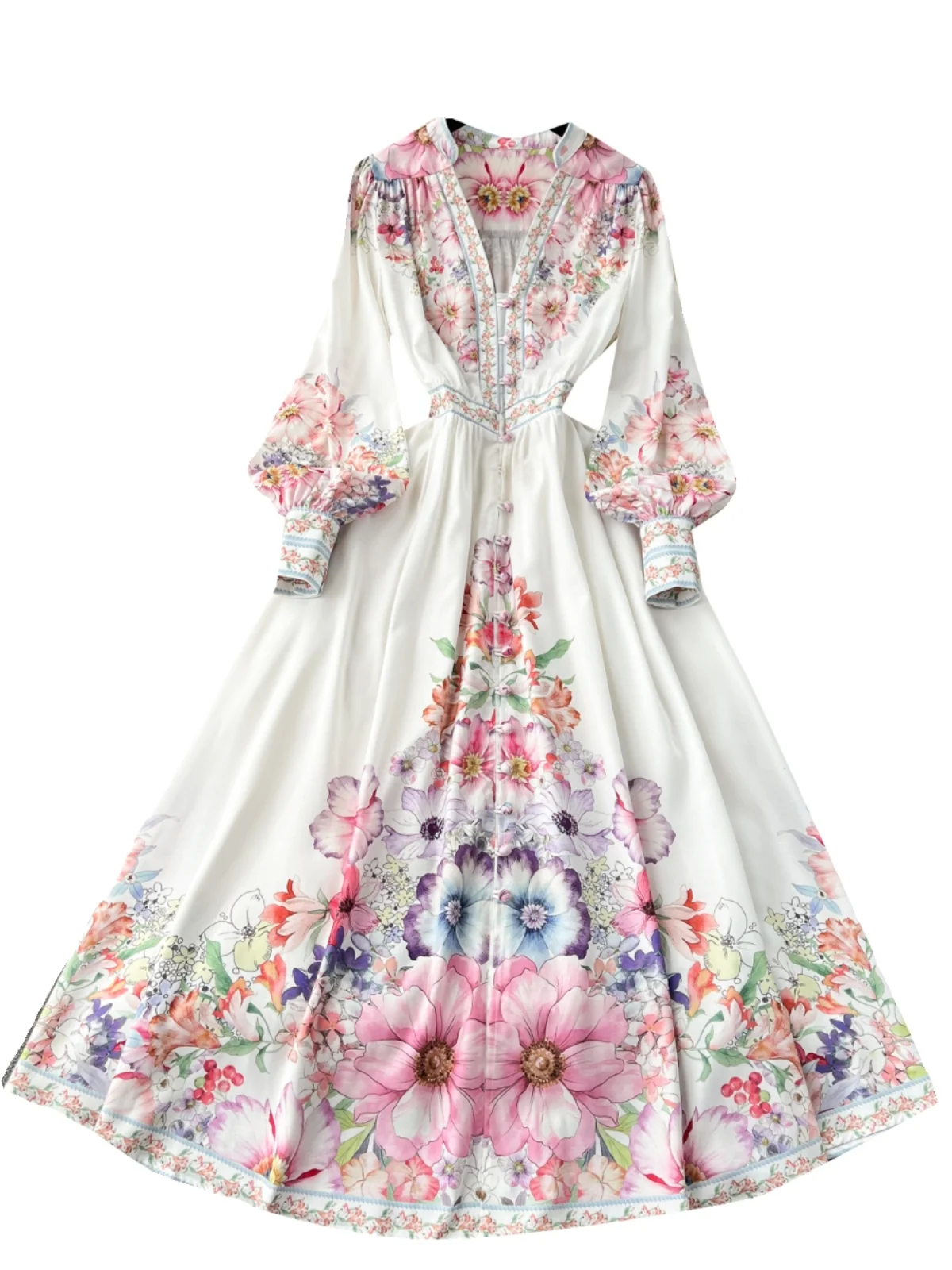 Ele longue bulle Sve Dr bouton détail rétro imprimé coupe ajustée printemps 2024 coréen Sle taille haute robe trapèze