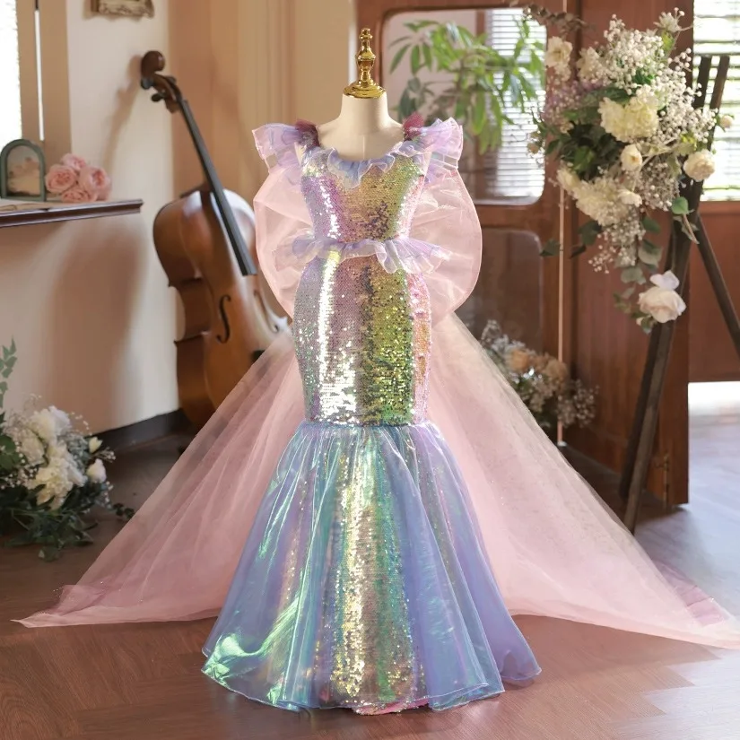 Rainbow sequin Children's Dress Girl's Walk Show Fish tail Ball Princess Evening Dress Kids Long Gown Little Girl Formal Dresses