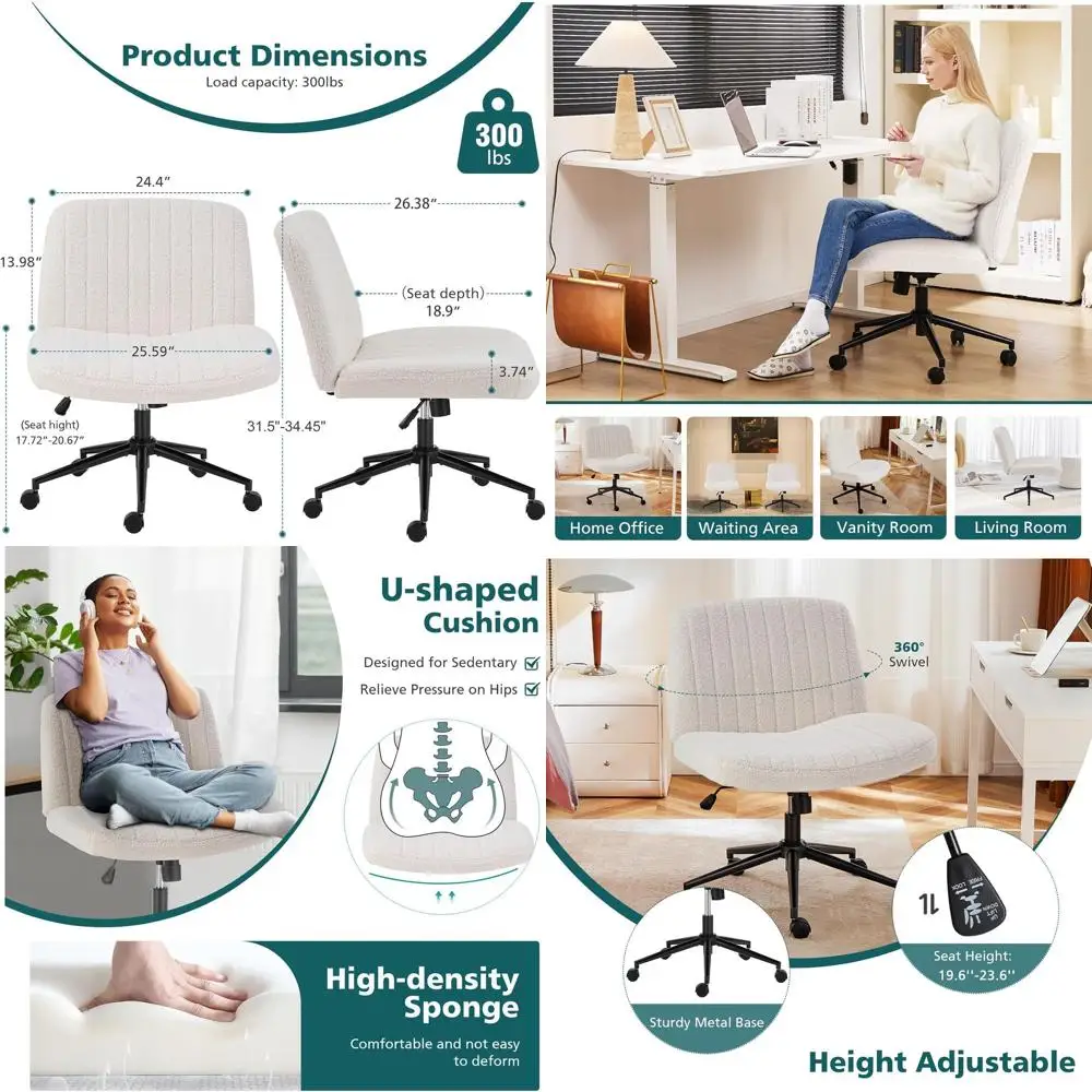 

Adjustable Swivel Office Chair with Wheels, Wide-Legged Design, Armless, Fabric Seat, Comfortable for Home Use, Teddy Beige