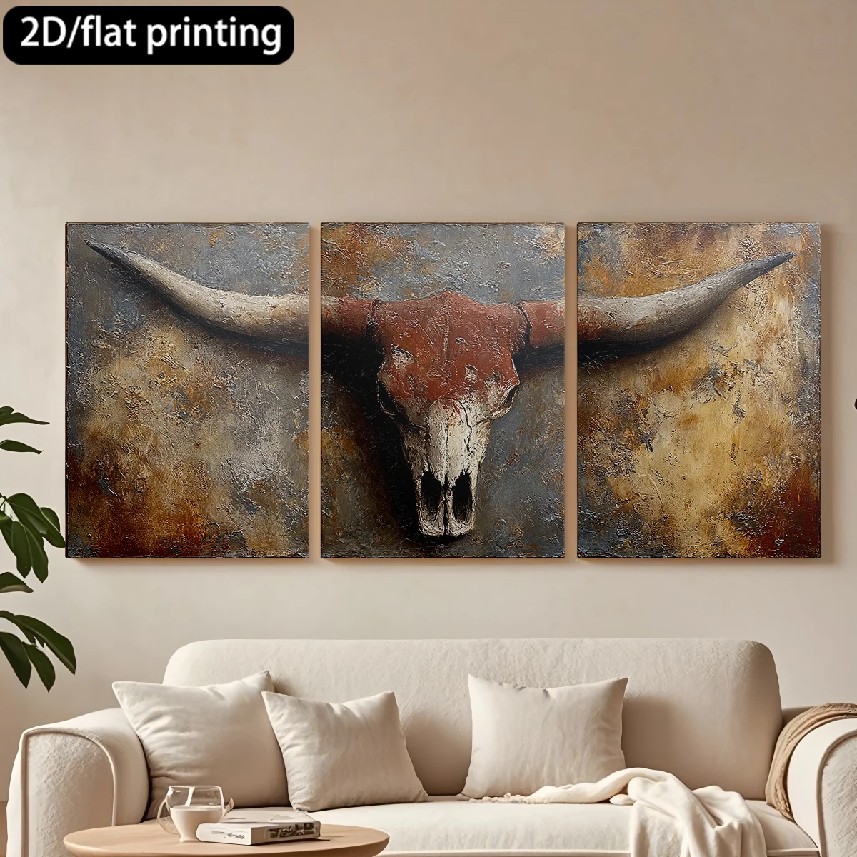Impresión plana 2D, cuadro decorativo de lienzo con marco de madera de 3 piezas, pintura de calavera de toro de cuernos largos. Decoración para pasillo y dormitorio.
