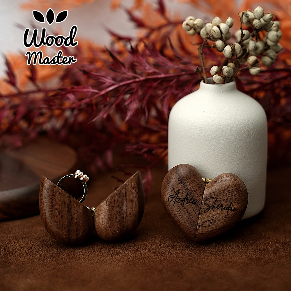 Heart-Shaped Wooden Ring Box Walnut Jewelry Holder for Engagement Wedding Anniversary Gift for Couples Brides Grooms Keepsake