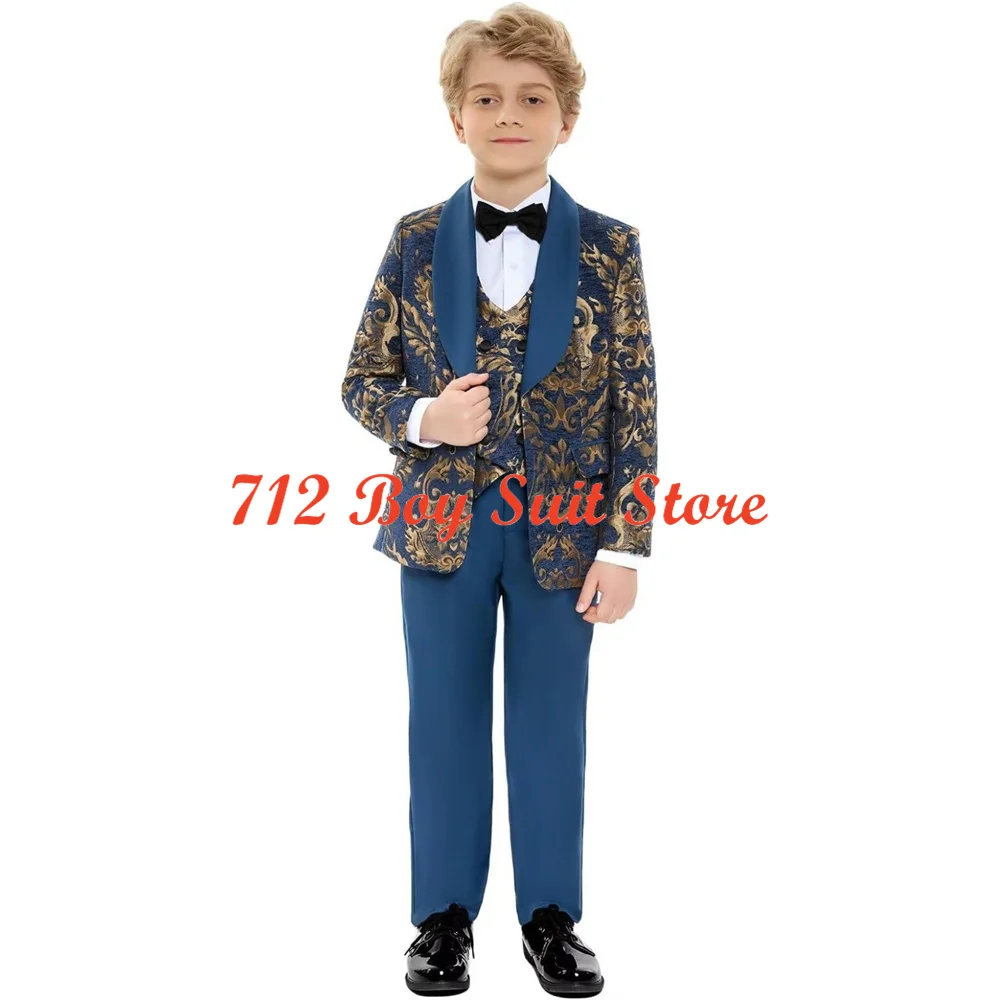 Traje Jacquard dorado para niños, conjunto de 3 piezas para boda, chaqueta ajustada, pantalones, chaleco, esmoquin, trajes formales