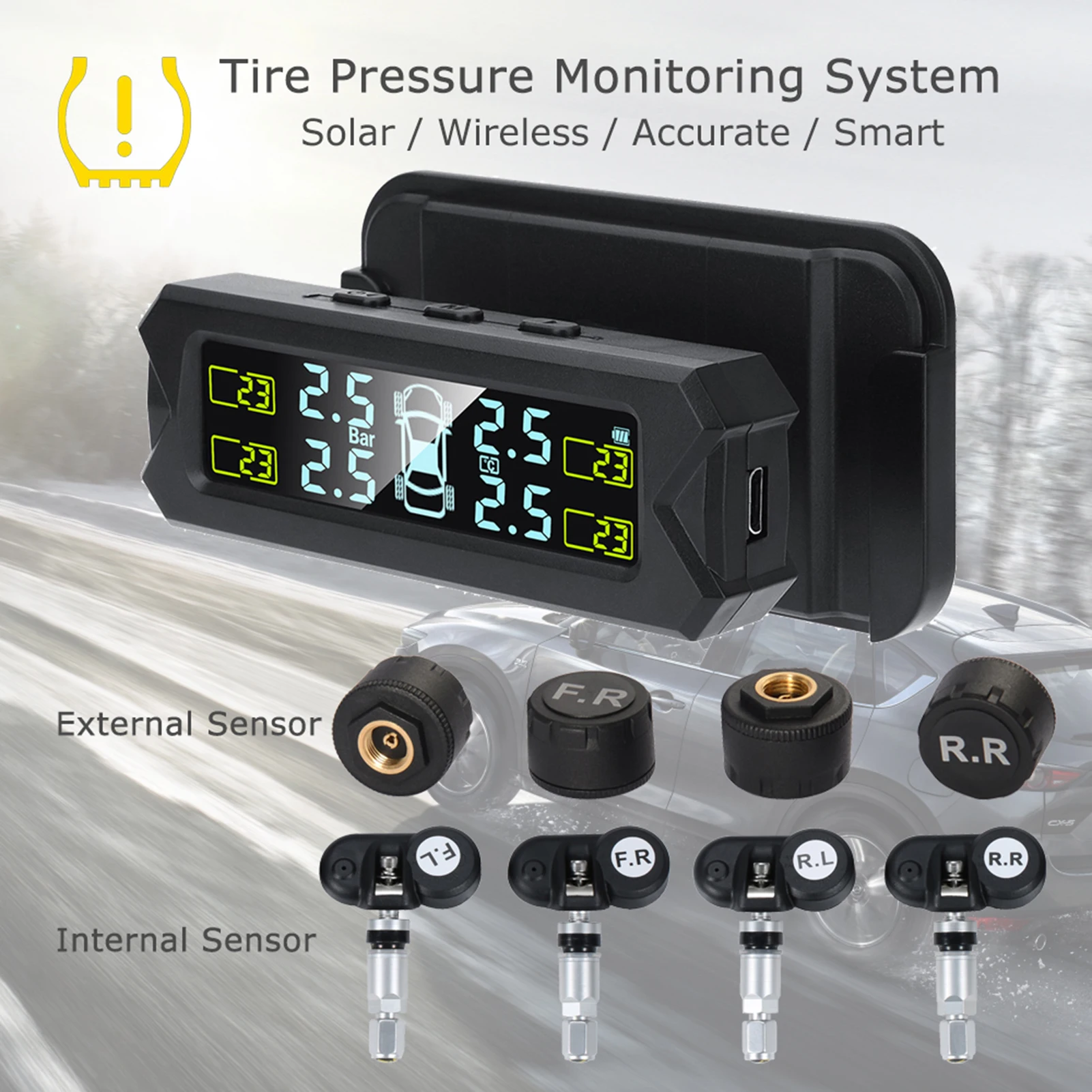 Auto Backlight LCD Display Tire Pressure Monitoring System Wireless Solar Power TPMS with 5 Alarm Modes 4 Sensors 0-67 PSI