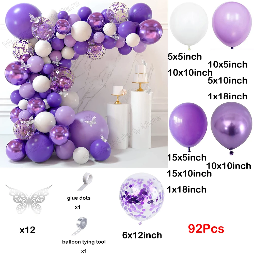 1Set Balloon Garland Kit Arch White Purple Light Metallic Purple Confetti Balloons Wedding Baby Shower Birthday Party Decoration