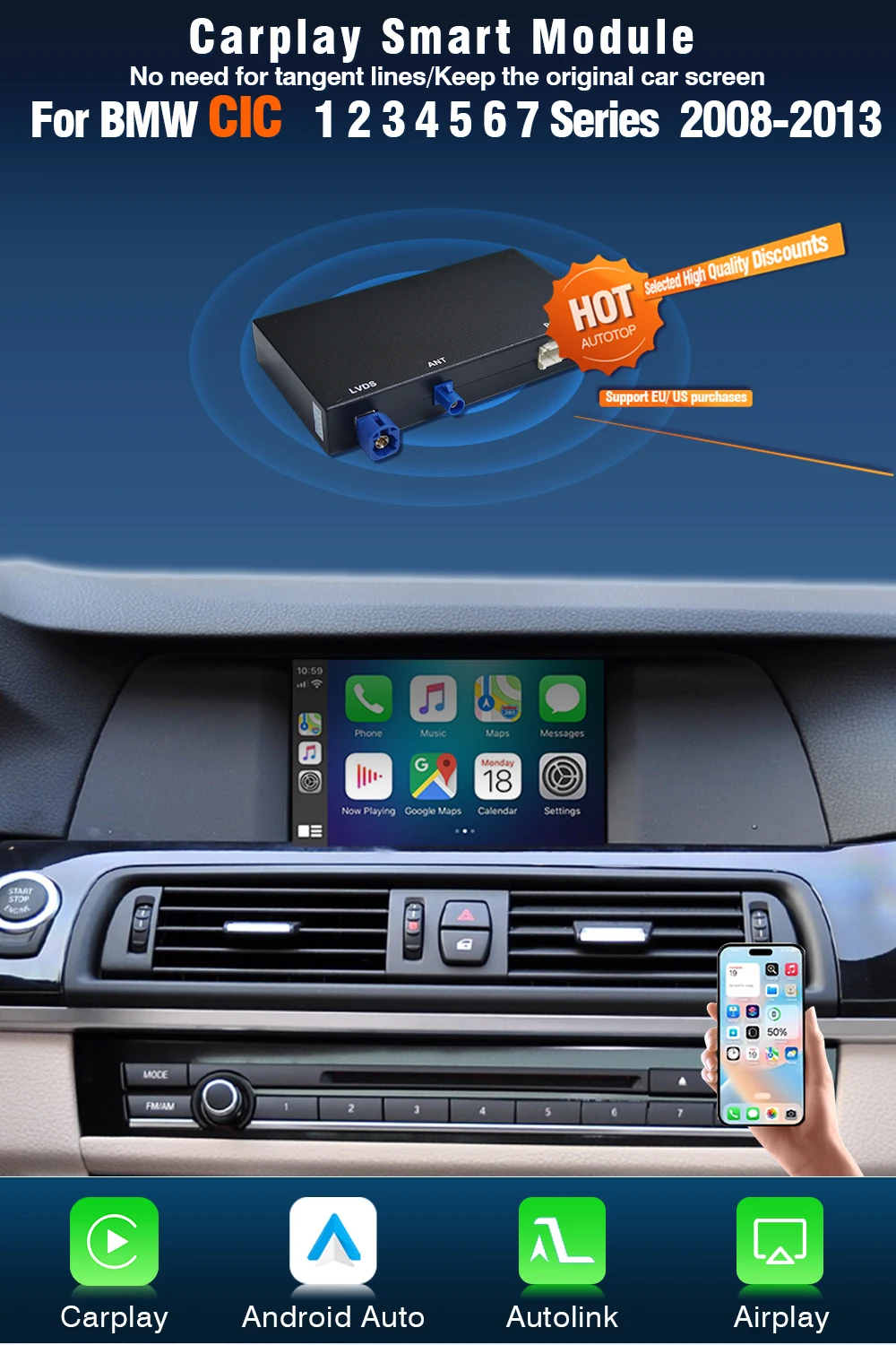 AUTOTOP Kabelloses CarPlay Android für BMW NBT CIC EVO 1 2 3 4 5 Serie X1 X3 X4 X5 X6 F56 F15 F16 F25 F26 F48 F10 F22 F20 F30 E60 – Detail 4